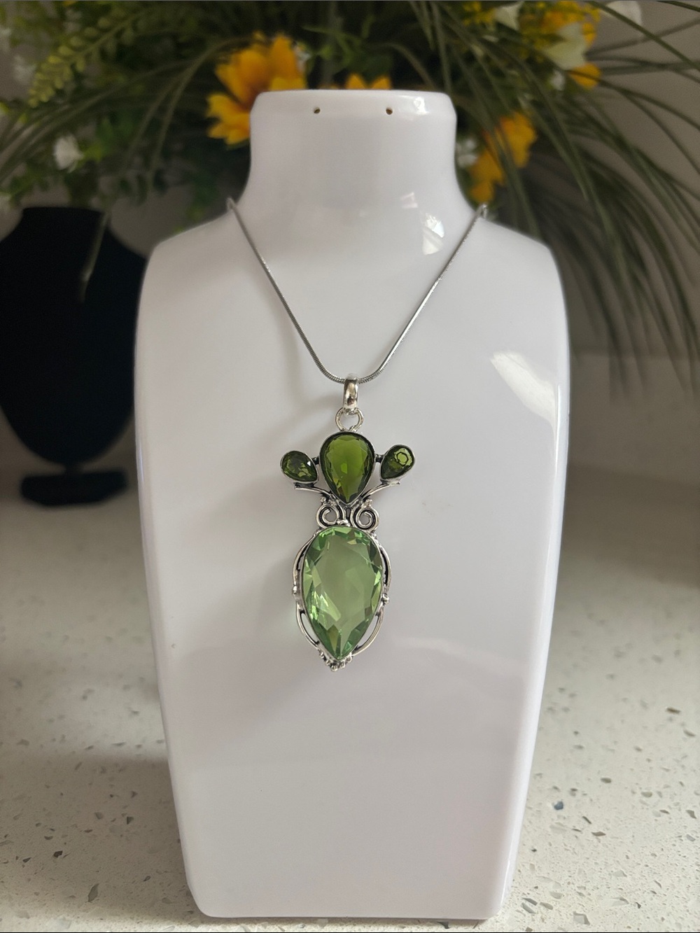 Hand Crafted Green Peridot Teardrop Crystal Pendant Necklace